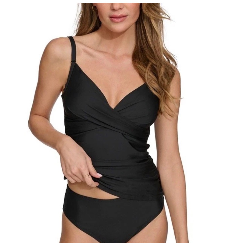 DKNY Twist Front V-Neck Tankini Black Top Size S